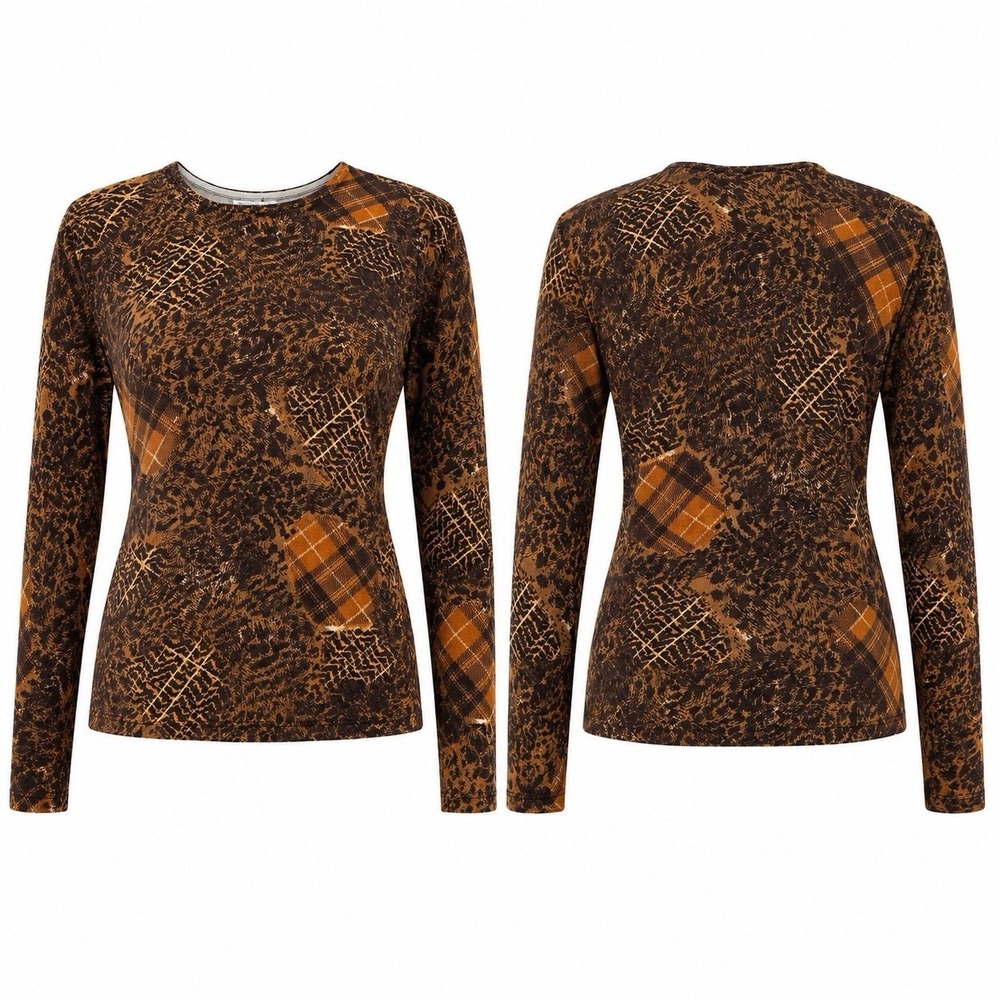 Joseph A. Sweater Women M Top‎ Silk Blend Animal Print Abstract Plaid Brown